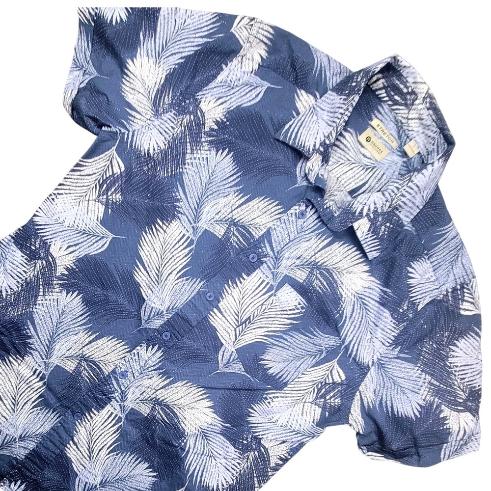 Haggar Mens Large Navy Blue White Palm Leaf Tropical Stretch Button Down Shirt